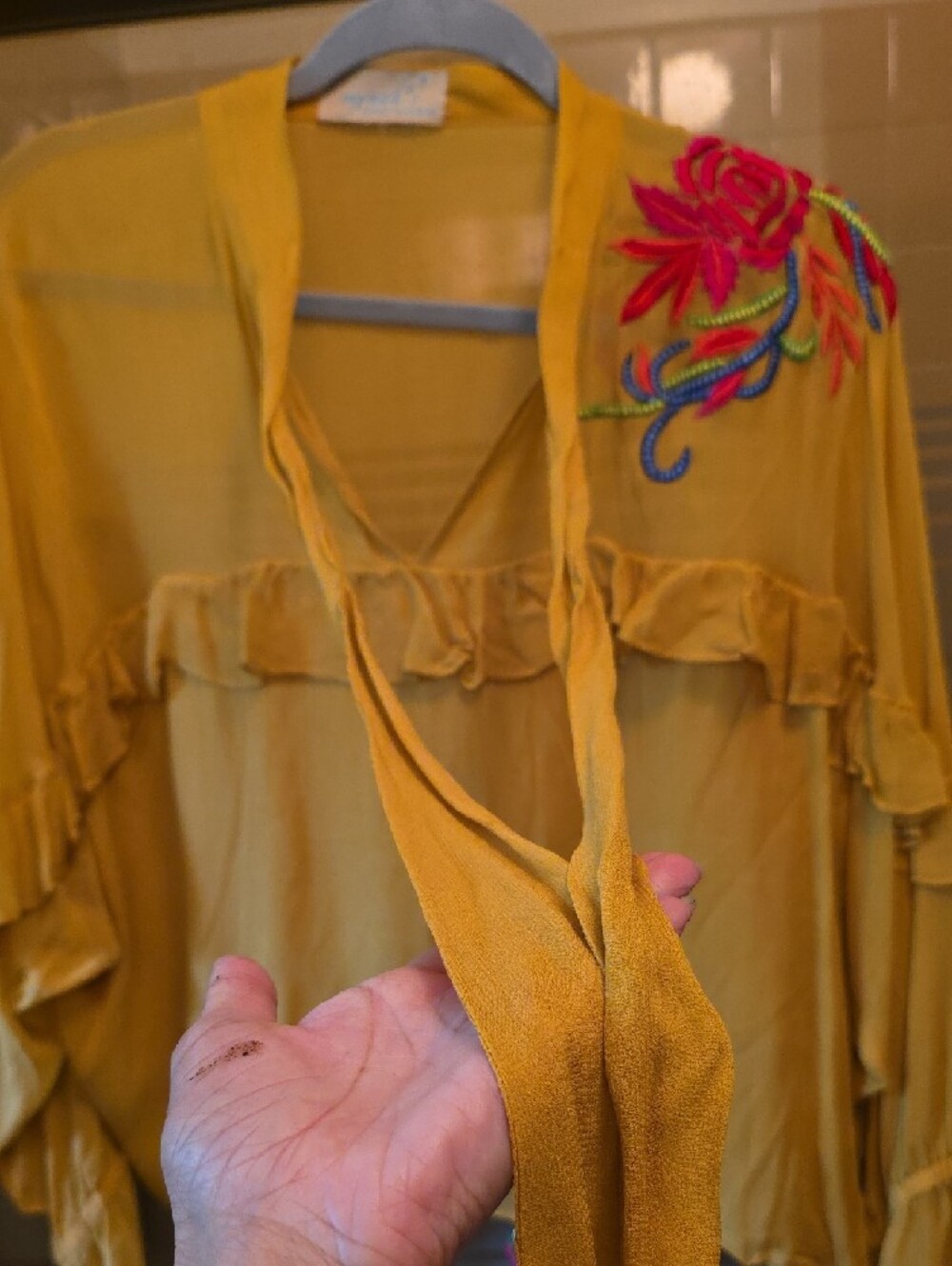 Embroidered Mustard Tie-Neck Ruffle Blouse - Picture 6 of 8
